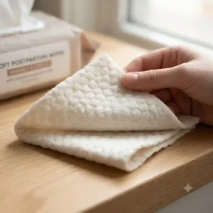Close-up look at the soft, thick texture of a biodegradable postpartum wipe designed for sensitive skin care.