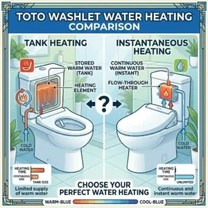 Diagram illustrating the differences between reservoir tank and instant water heating systems in a toto washlet comparison.