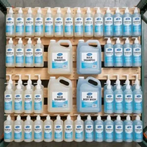 Bulk personal care items including shampoo and body wash for businesses buying wholesale hygiene products.