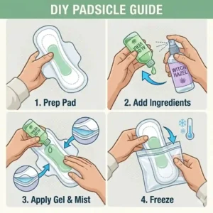 Step by step demonstration of spreading pure aloe vera gel and witch hazel onto heavy flow maxi pads to freeze as homemade ice packs for after birth healing.