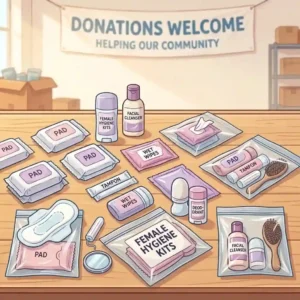 A specialized selection of items for feminine toiletry kits for homeless women, including sanitary pads and other personal care products.