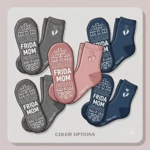 Vector illustration displaying different color options and cozy fabric texture of frida mom grippy socks for maternity wear.