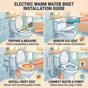 Graphic step-by-step installation guide for setting up a toilet with warm water bidet system.