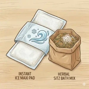 Illustration showing an instant ice maxi pad and a herbal sitz bath mix as key pain relief items in a postpartum essentials kit.
