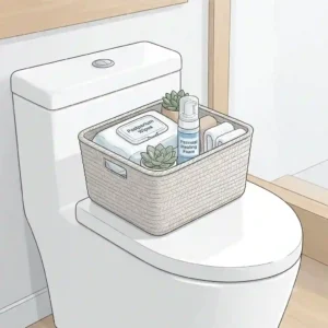 A postpartum bathroom care basket stocked with flushable postpartum wipes and perineal healing foam.