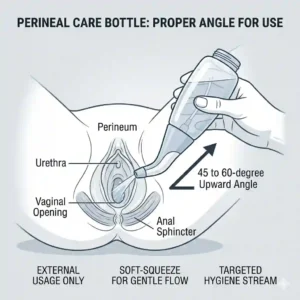 An anatomical line drawing illustrating the correct upside-down position of the perineal care bottle for effective use.