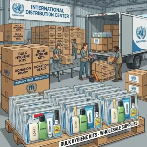 A delivery truck carrying stacked cardboard boxes filled with hygiene kits bulk orders for wholesale distribution.