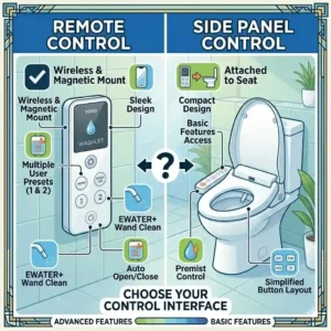 A close-up interface layout for a toto washlet comparison between wireless remote controls and side-attached panels.
