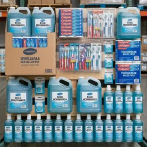 Bulk dental care supplies ready for shipping from a wholesale hygiene products catalog.