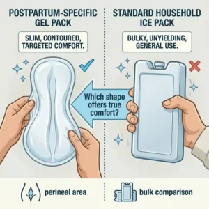 A side by side comparison showing a contoured, slim perineal gel sleeve versus a bulky household ice pack to illustrate targeted comfort.