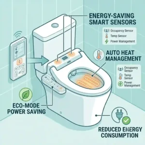 Infographic explaining the eco-mode power management of an intelligent bidet toilet with dryer and heated seat.