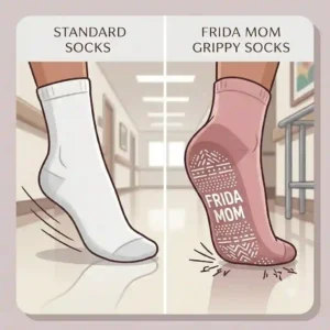 Comparative illustration showing standard socks slipping on hospital floors versus the secure traction of frida mom grippy socks.