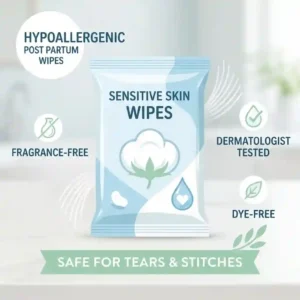 Unscented and hypoallergenic postpartum wipes safe for tearing, episiotomy stitches, and sensitive skin care.
