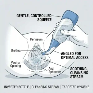 A visual representation of the gentle upward water spray coming from the perineal care bottle.