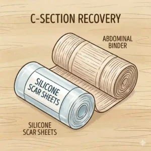 Minimalist illustration of silicone scar sheets and a supportive abdominal binder panel from a C-section postpartum essentials kit.