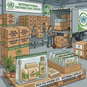 An illustration of sustainable hygiene kits bulk options featuring bamboo toothbrushes and organic soap in biodegradable packaging.