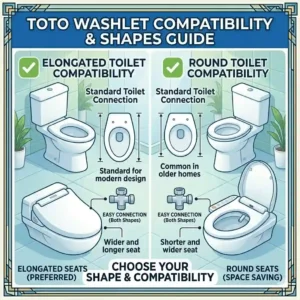 : Size and compatibility diagram detailing toilet bowl shapes for a proper toto washlet comparison and fit.