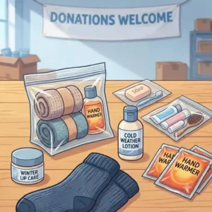 A kit showing the winter weather toiletry kits for homeless content, including socks, hand warmers, and lip balm.