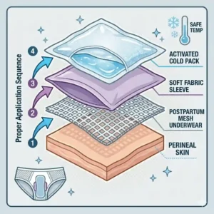 Cross section line drawing showing the correct sequence of layering a frozen ice pack inside a soft fabric sleeve before putting it into postpartum mesh underwear.