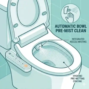 Visual representation of the automatic bowl cleaning mist feature in a bidet toilet with dryer and heated seat.