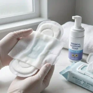 Layering chilled witch hazel postpartum wipes on top of a maternity pad for instant cooling comfort.