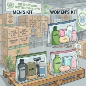 An illustration comparing different types of hygiene kits bulk varieties, showing tailored options for men's grooming and women's feminine care.