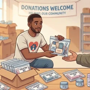 A volunteer distributing toiletry kits to homeless people at a local community shelter.