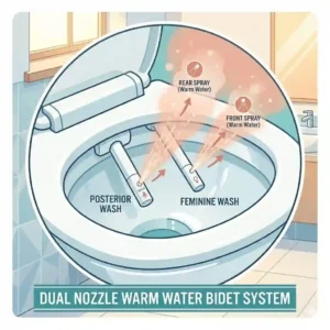 Technical view showing the spray patterns inside a toilet with warm water bidet bowl.