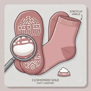 Detailed illustration pointing out the cushioned sole and stretchy ankle support of the frida mom grippy socks.
