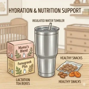 Vector illustration of an insulated water tumbler, lactation tea boxes, and healthy snacks inside a postpartum essentials kit for new mothers.