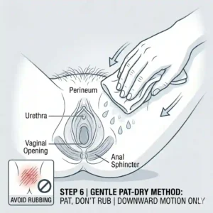 An infographic showing the final step of patting dry after cleansing with the perineal care bottle.