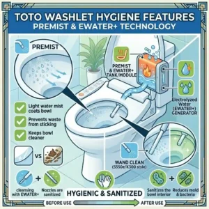 Illustration demonstrating the Ewater plus and premist sanitizing processes for a comprehensive toto washlet comparison.