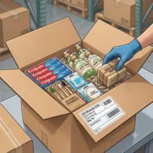 A cardboard box packed with various wholesale hygiene products being prepared for business-to-business delivery.