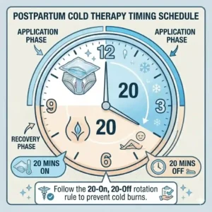 A simple clock graphic highlighting the safe twenty minutes on and twenty minutes off rotation rule when using ice packs for after birth swelling reduction.