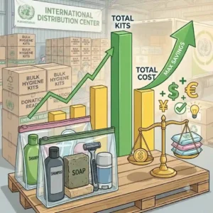 A graphic illustration depicting cost savings and discounts achieved when purchasing hygiene kits bulk quantities.
