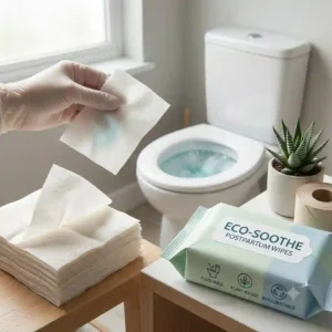 Plant-based, flushable postpartum wipes that safely disintegrate to ensure easy bathroom cleanup.