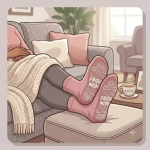 Illustration of a mom relaxing on a couch at home during postpartum recovery, wearing warm frida mom grippy socks.