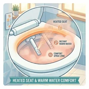 Illustration depicting the glowing comfort zone and heated seat of a toilet with warm water bidet.