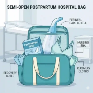 A flat-lay illustration of a postpartum hospital bag including a perineal care bottle as a must-have item.
