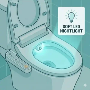 Nighttime view demonstrating the integrated LED nightlight function on a bidet toilet with dryer and heated seat.