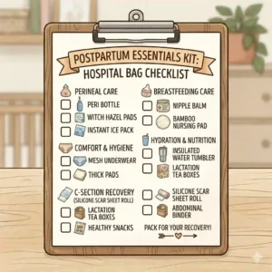 An illustrated checklist infographic detailing what to pack in a postpartum essentials kit for hospital labor and delivery recovery.