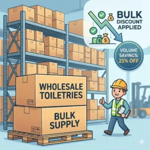 A pallet with neatly stacked retail-ready packaging of wholesale toiletries for commercial businesses.