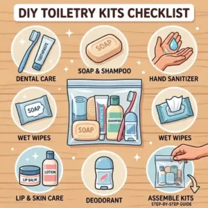 An illustration showing a complete toiletry kits for homeless checklist of necessary hygiene items for a donation drive.
