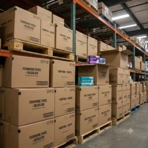 Master boxes of bulk feminine pads and personal care goods from a wholesale hygiene products warehouse.