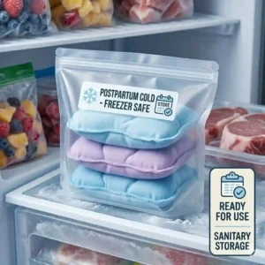 A clean, organized freezer shelf showing a stack of flexible fabric-covered postpartum cold packs stored ready inside a sanitary zip-top bag.