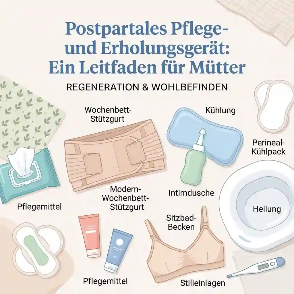 A featured image guide showcasing a collection of postpartum care recovery device options for new mothers on a light textured background.