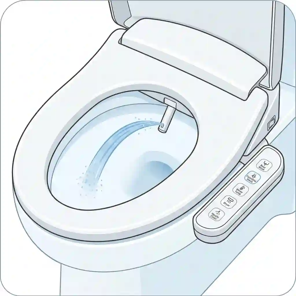 Premium bidet with feminine wash function installed on a modern toilet in a modern bathroom.