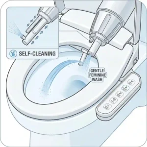 Close-up of nozzle spray feature on a premium bidet with feminine wash function.