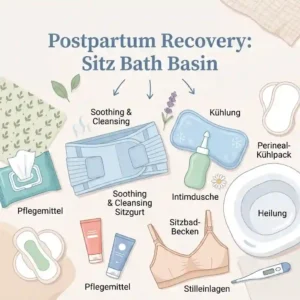 An illustration of a postpartum care recovery device, specifically a sitz bath basin designed for soothing and cleansing.