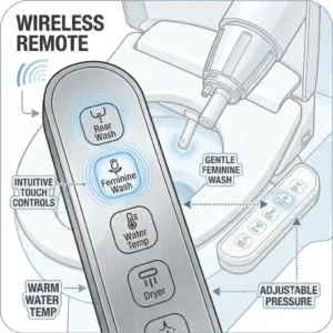 Wireless remote control panel for a premium bidet with feminine wash function.